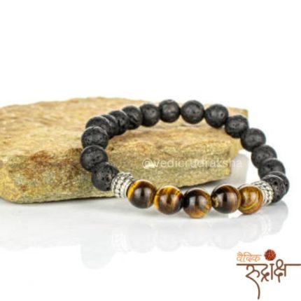 Jwala Mukhi with Tiger Eye Natural Stone Bracelet – 8 mm Original Lava Stone & Lava Rock Beads Mala with Lab Certificatio