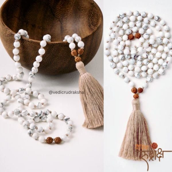 83-min-1.jpg White Howlite Mala Bead Necklace – Natural Rudraksha + White Howlite Combination